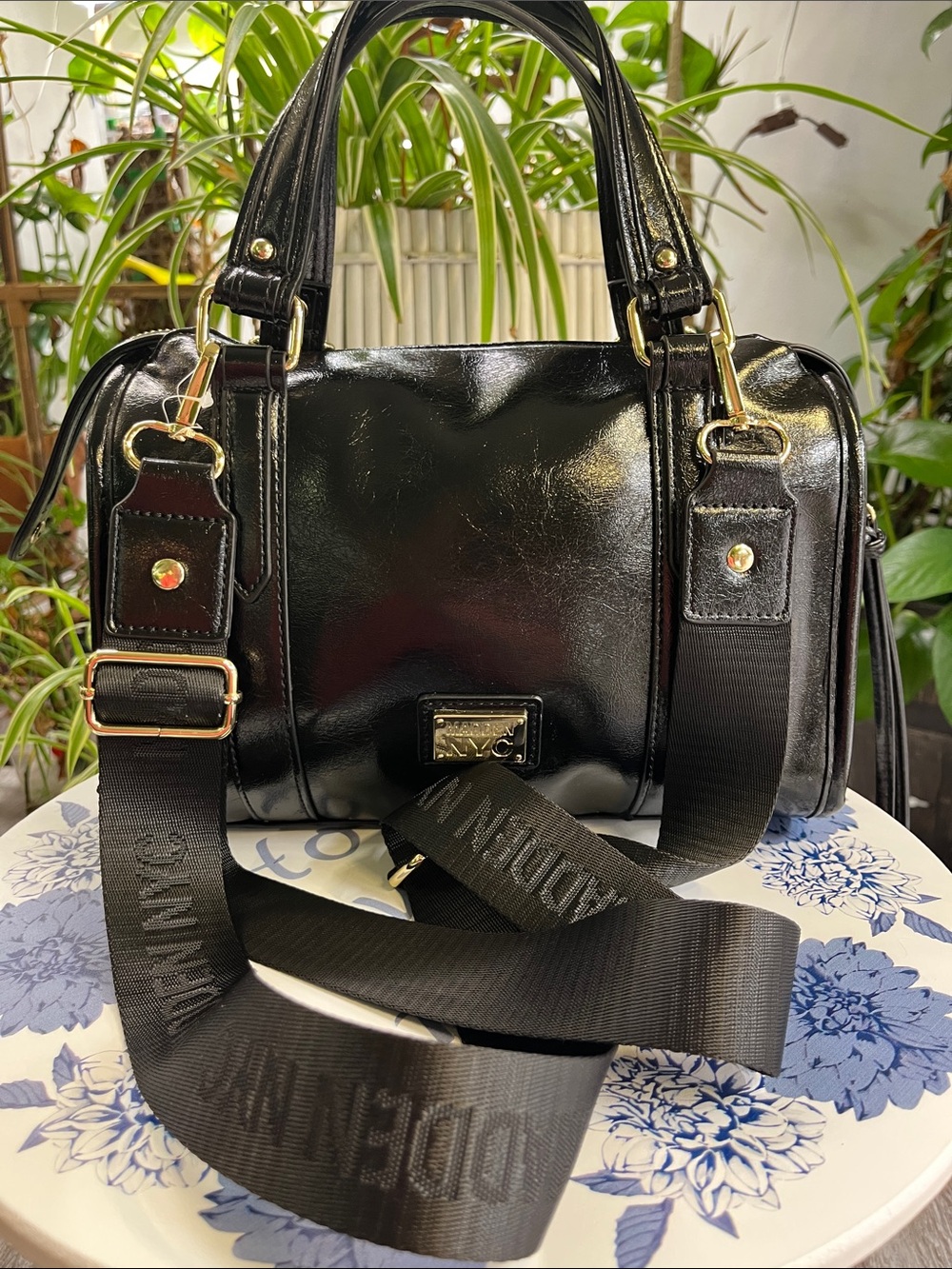 Madden NYC Black Shiny Shoulder Satchel with Wide Strap